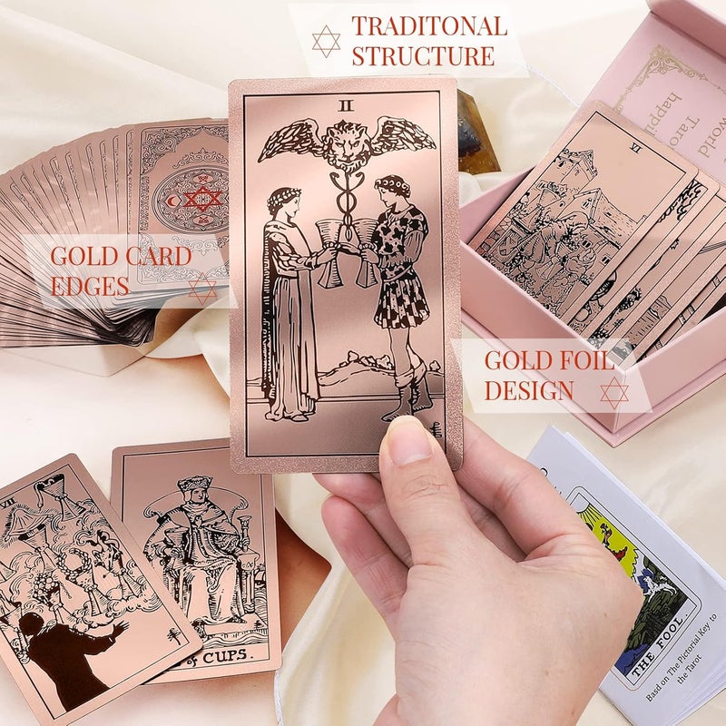lrjrizzo Waterproof Tarot Cards with Meanings on Them Gold Tarot Cards with Guide Book Gold Foil for Beginners 78 Classic Origina Rider Waite Taro Deck Fortune Telling Game - Image 5